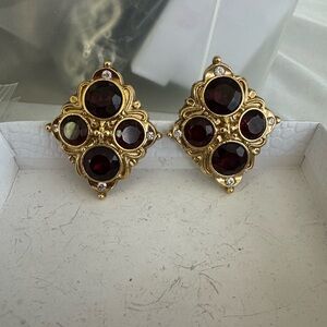 Gold-Tone Earrings with Deep Red Faceted Stones